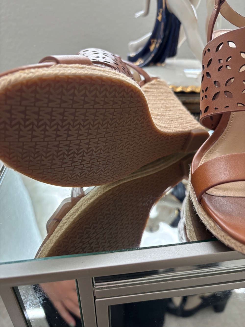 Michael Kors Tan Laser-Cut Leather Wedge Sandals - Picture 9 of 10
